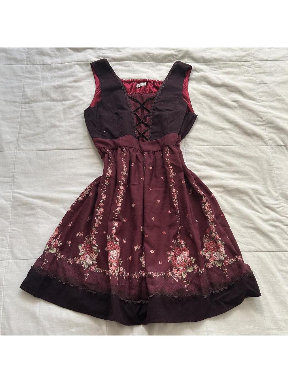 Axes Femme Burgundy Floral Corset Lace Trim Jumper Dress M Japan